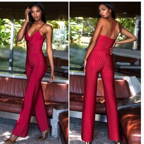 HOUSE OF CB Devi Jumpsuit Red Bandage Side Zip On Stretch V Neck Size S - Picture 1 of 11
